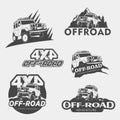 A set of five off-road, 4x4 extreme club emblems. Vector illustration. Royalty Free Stock Photo